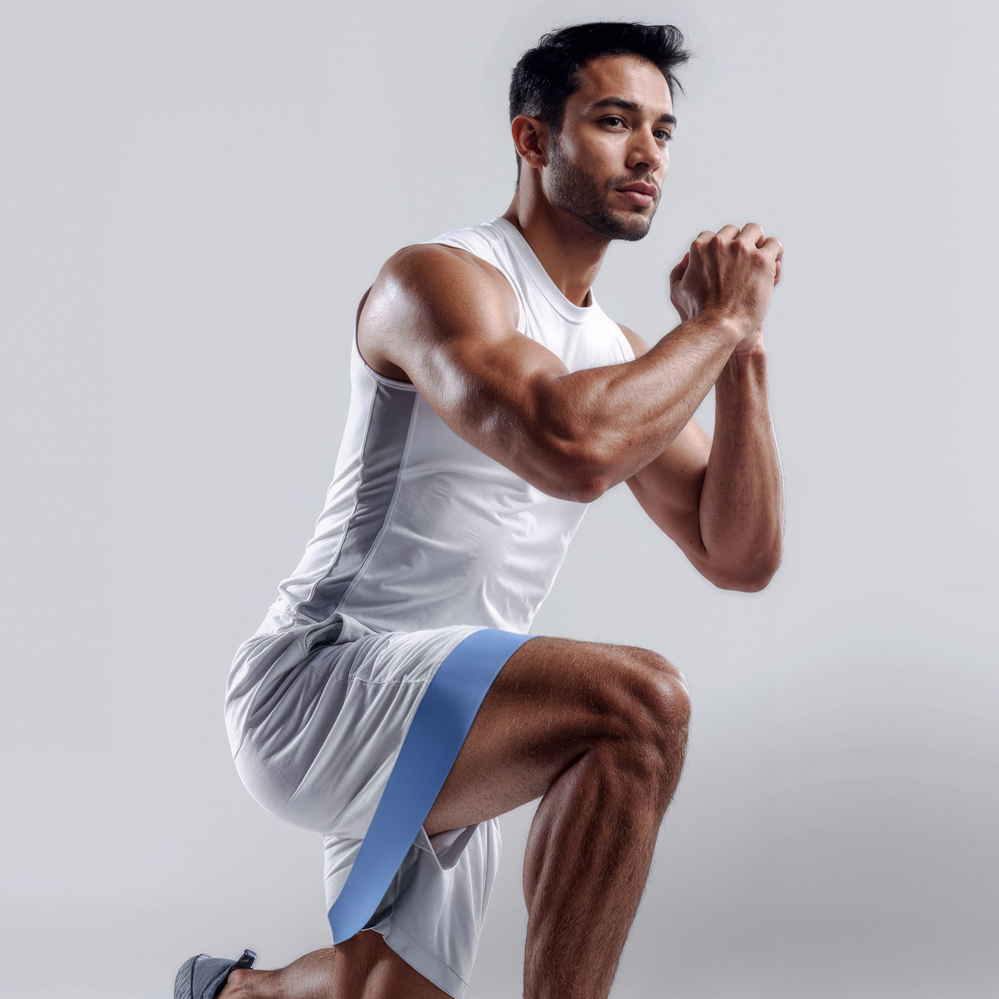 Man performing a squat exercise with a resistance band on a plain background
