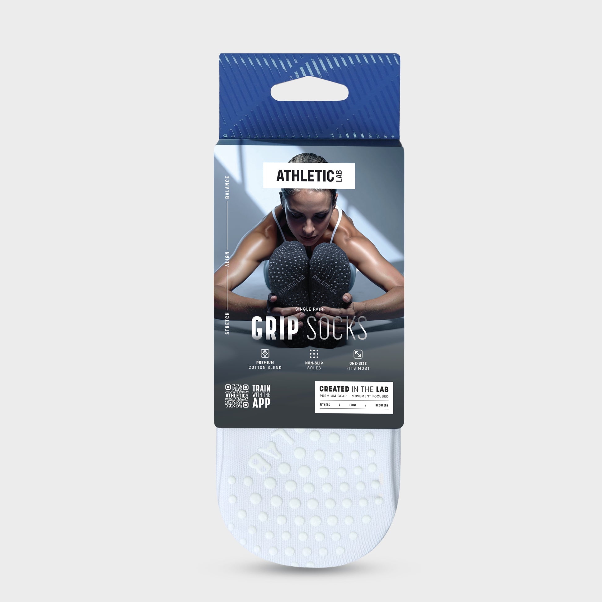 Packaging of athleticlab grip socks with a person holding weights on a light gray background