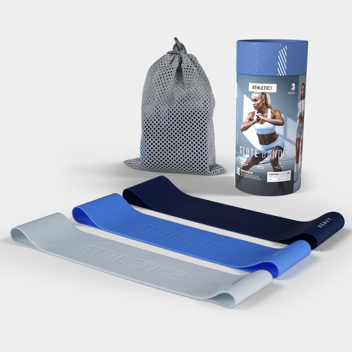 Resistance bands with packaging and drawstring bag on a light grey background