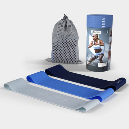 Resistance bands with packaging and drawstring bag on a light grey background